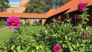 Un edificio con tejado de tejas rojas y muros de ladrillo, rodeado de abundante vegetación y una imponente aguja de iglesia al fondo.