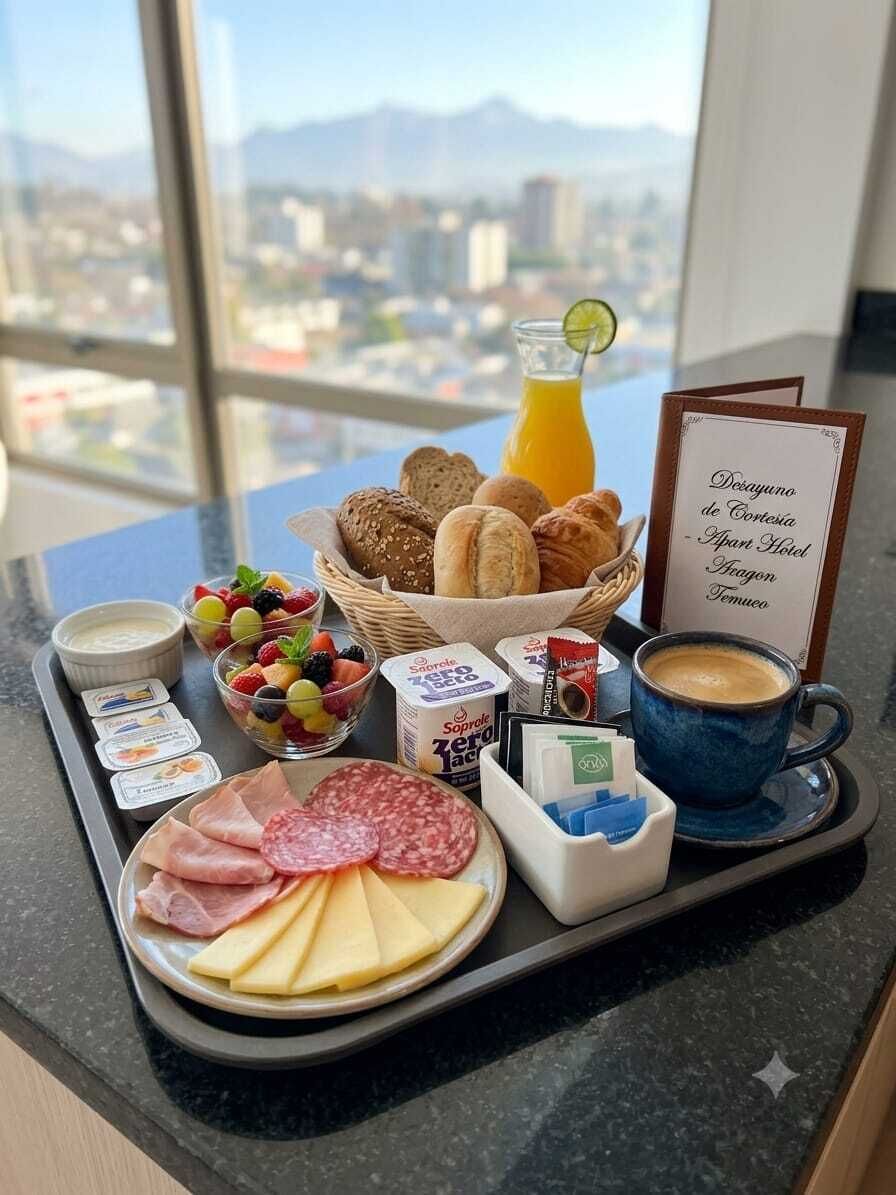 Un plateau de petit-déjeuner contenant divers éléments, notamment du pain, des viennoiseries, des fruits, du fromage et du café, placé sur une table offrant une vue sur la ville.