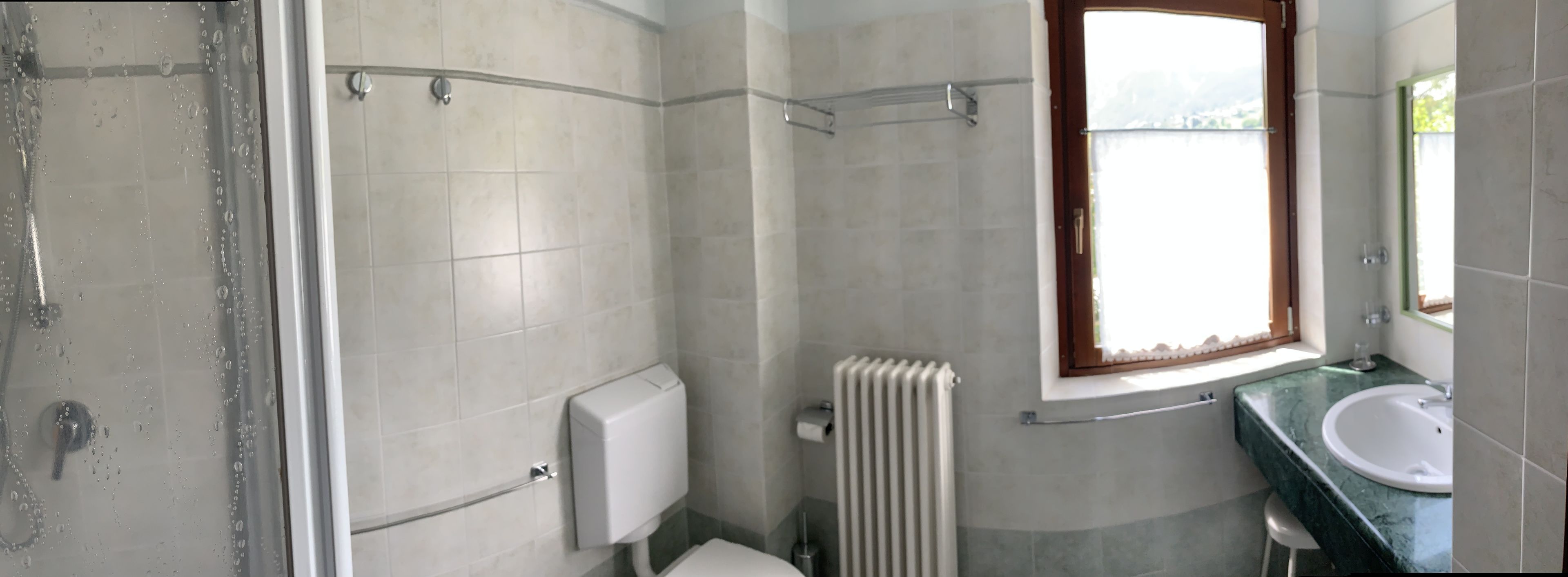 Ein Badezimmer mit Dusche, Toilette, Heizkörper und Waschbecken unter einem Fenster.