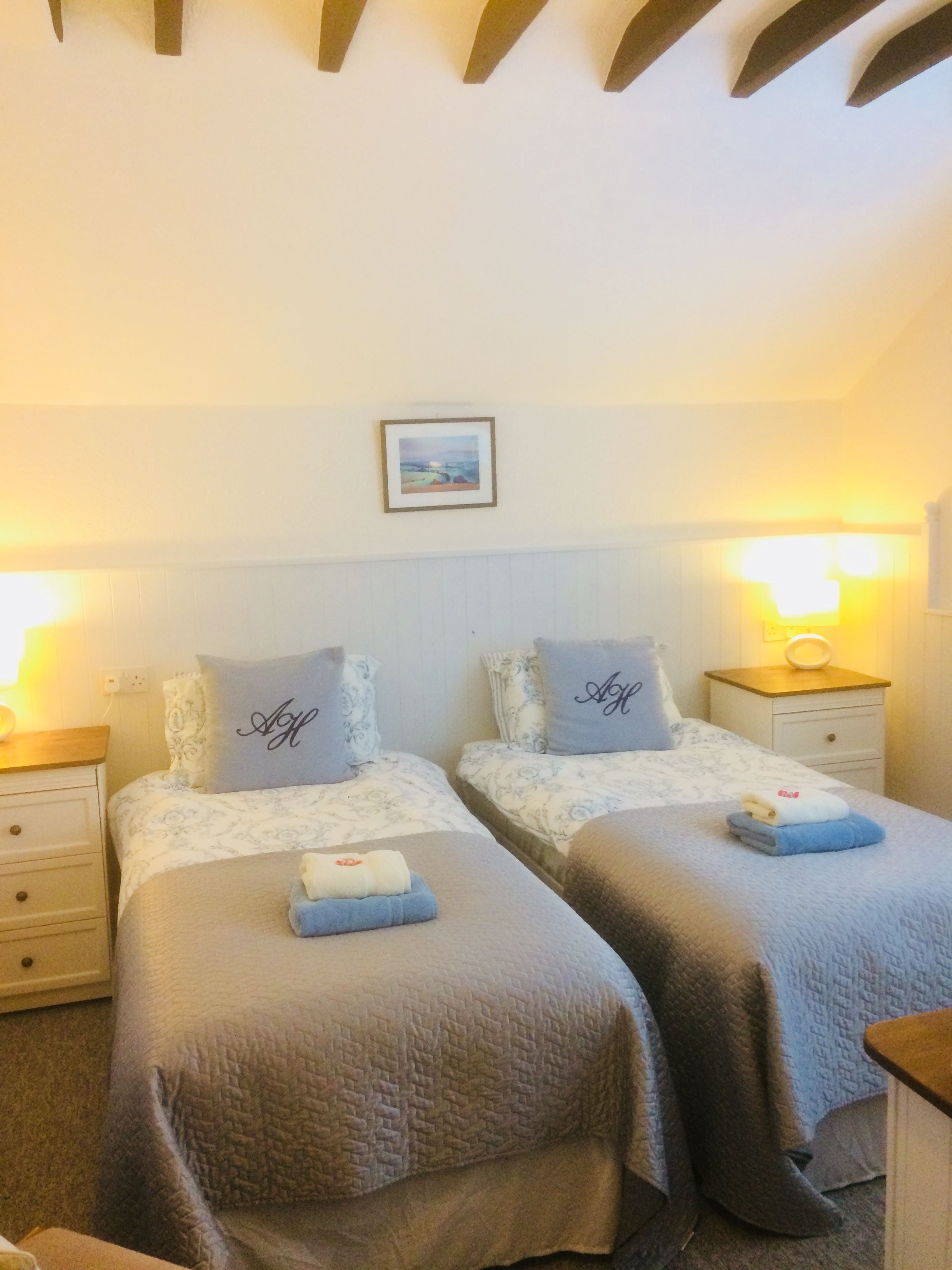 A twin room with two beds, each with a pillow and a folded towel. There is a framed picture on the wall above the beds.