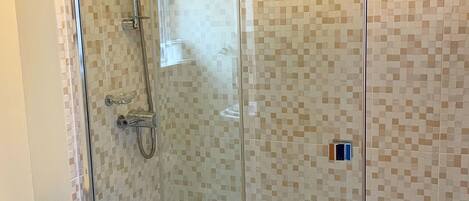 A glass-enclosed shower area with a tiled wall and a white toilet.
