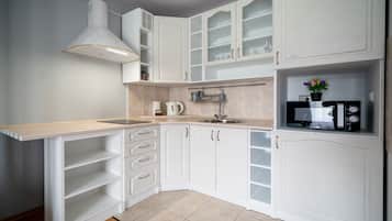 Huoneisto (4, Krokusowy, ul. Za Strugiem 14 A) | Yksityinen keittiö | Jääkaappi, liesi, vedenkeitin, keittoastiat/astiat/ruokailuvälineet