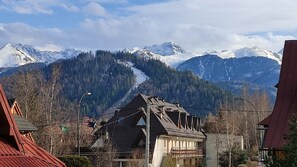 Berglandschap met besneeuwde toppen en een vallei. Op de voorgrond staan huizen met traditionele architectuur.