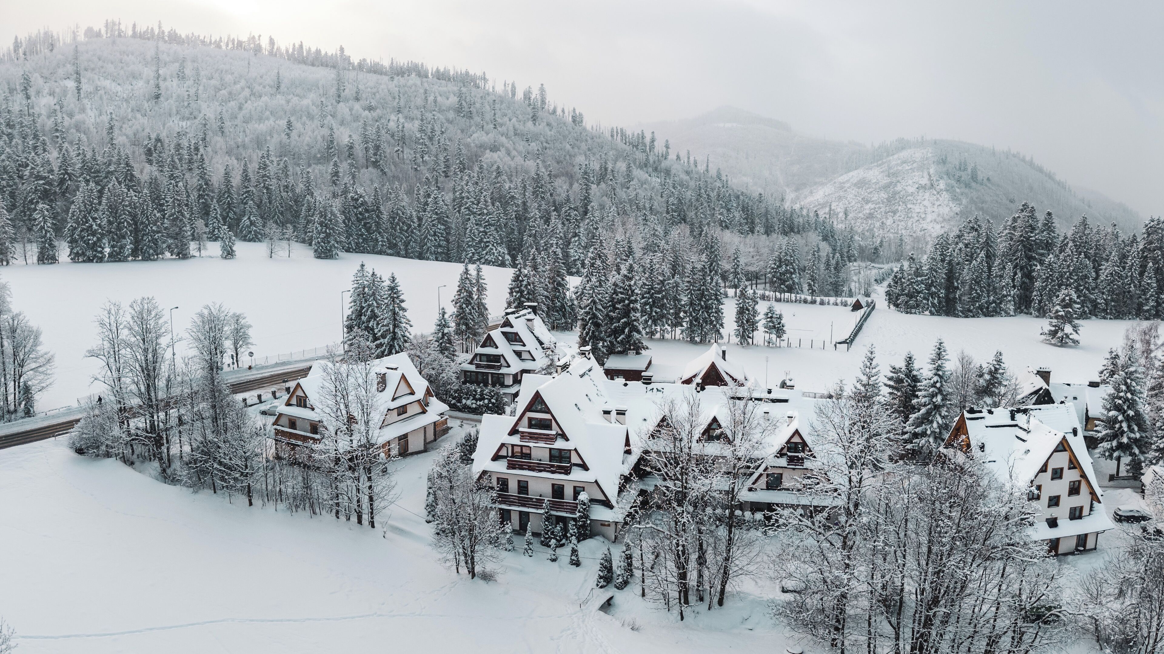 En snötäckt stuga med flera byggnader i chaletstil, omgiven av täta skogar och berg.
