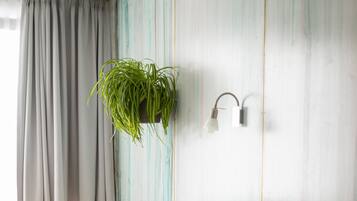 Hypo-allergenic bedding, desk, laptop workspace, iron/ironing board