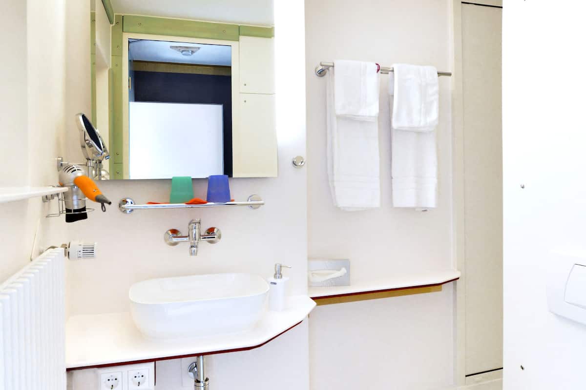 Shower, free toiletries, hair dryer, towels