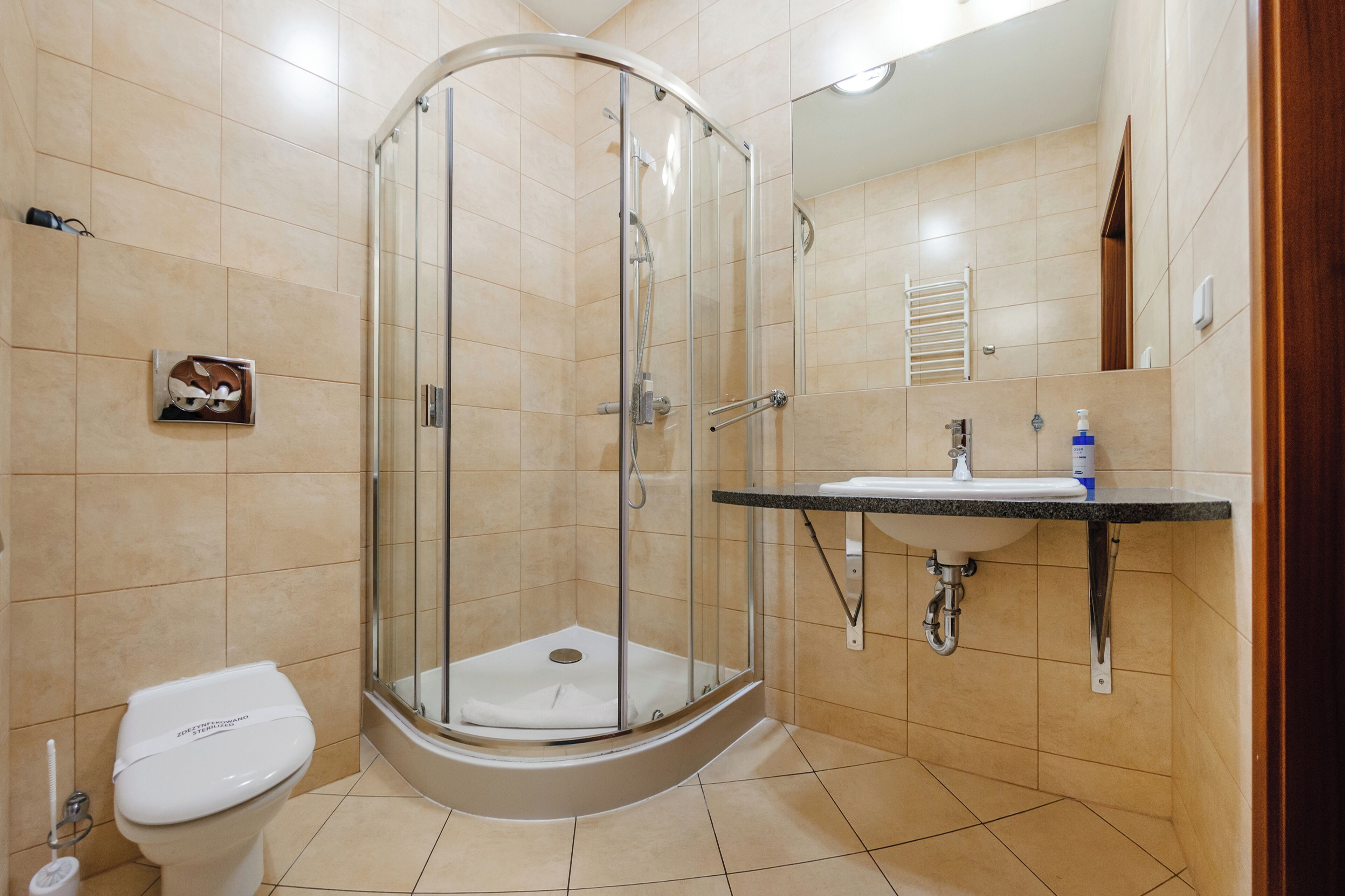 A modern bathroom with a glass-enclosed shower, a toilet, and a sink with a mirror above it.