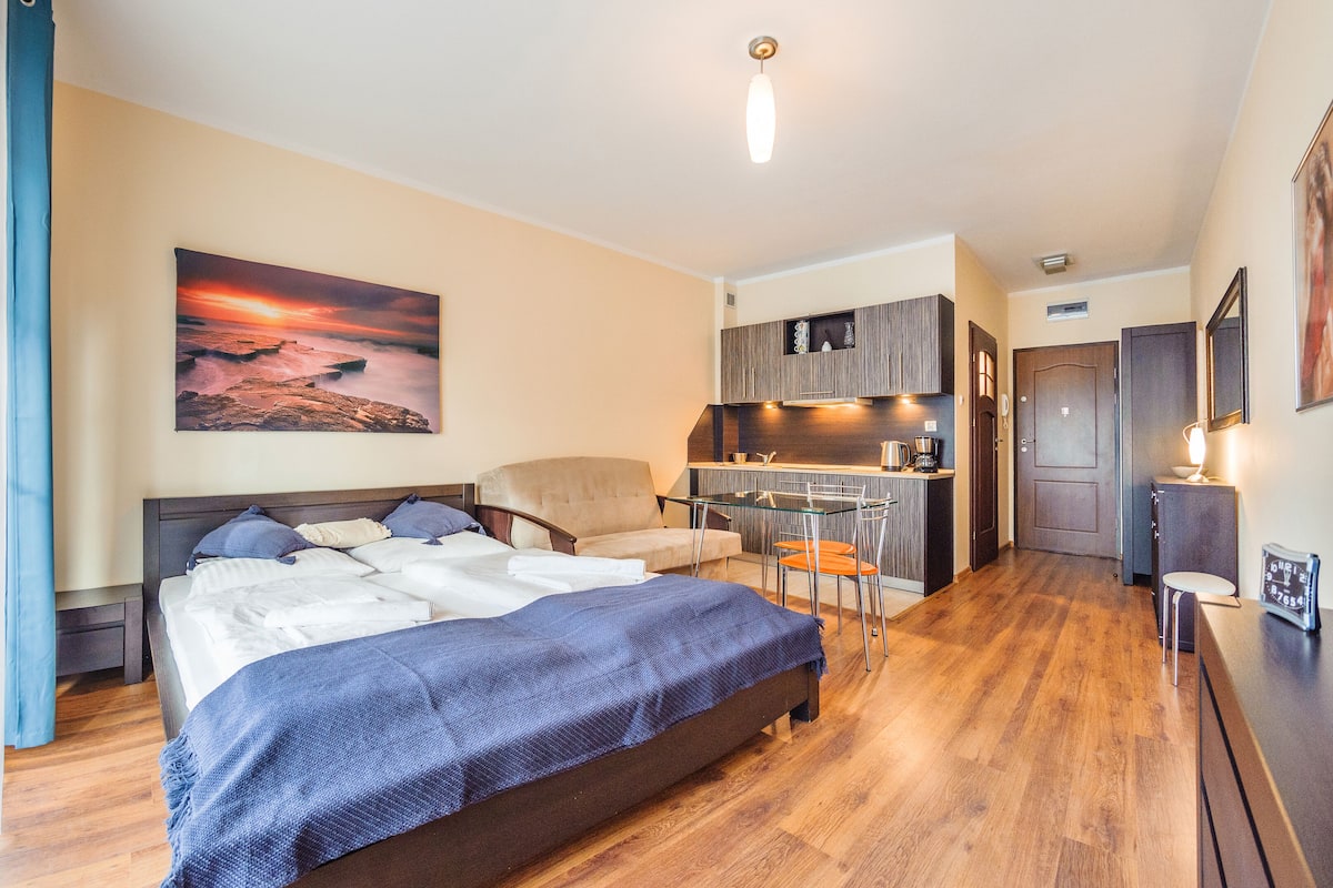 Une chambre d’hôtel équipée d’un lit, d’un bureau, d’une kitchenette et d’un téléviseur.
