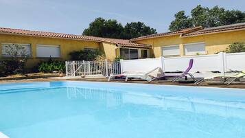 Seasonal outdoor pool, pool umbrellas, pool loungers