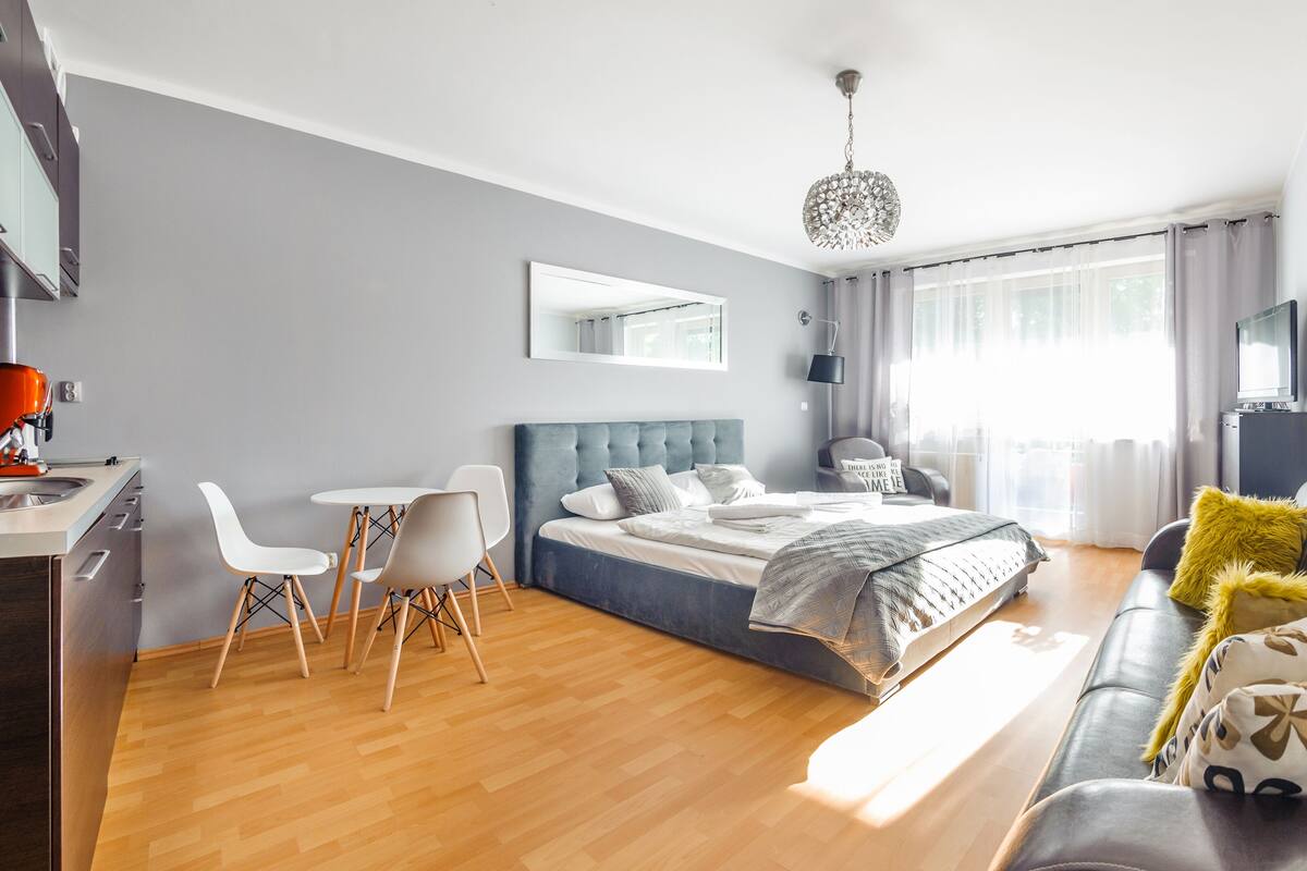 Une chambre moderne comprenant un lit, un canapé, un coin repas et une cuisine.