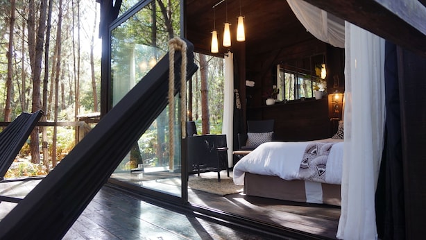 Un dormitorio con una cama grande, una sala de estar con sillas y vistas al bosque a través de amplias ventanas.