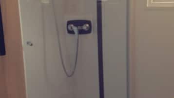 Une cabine de douche fermée par des parois en verre, dotée d’un pommeau de douche à main et d’un panneau de commande.