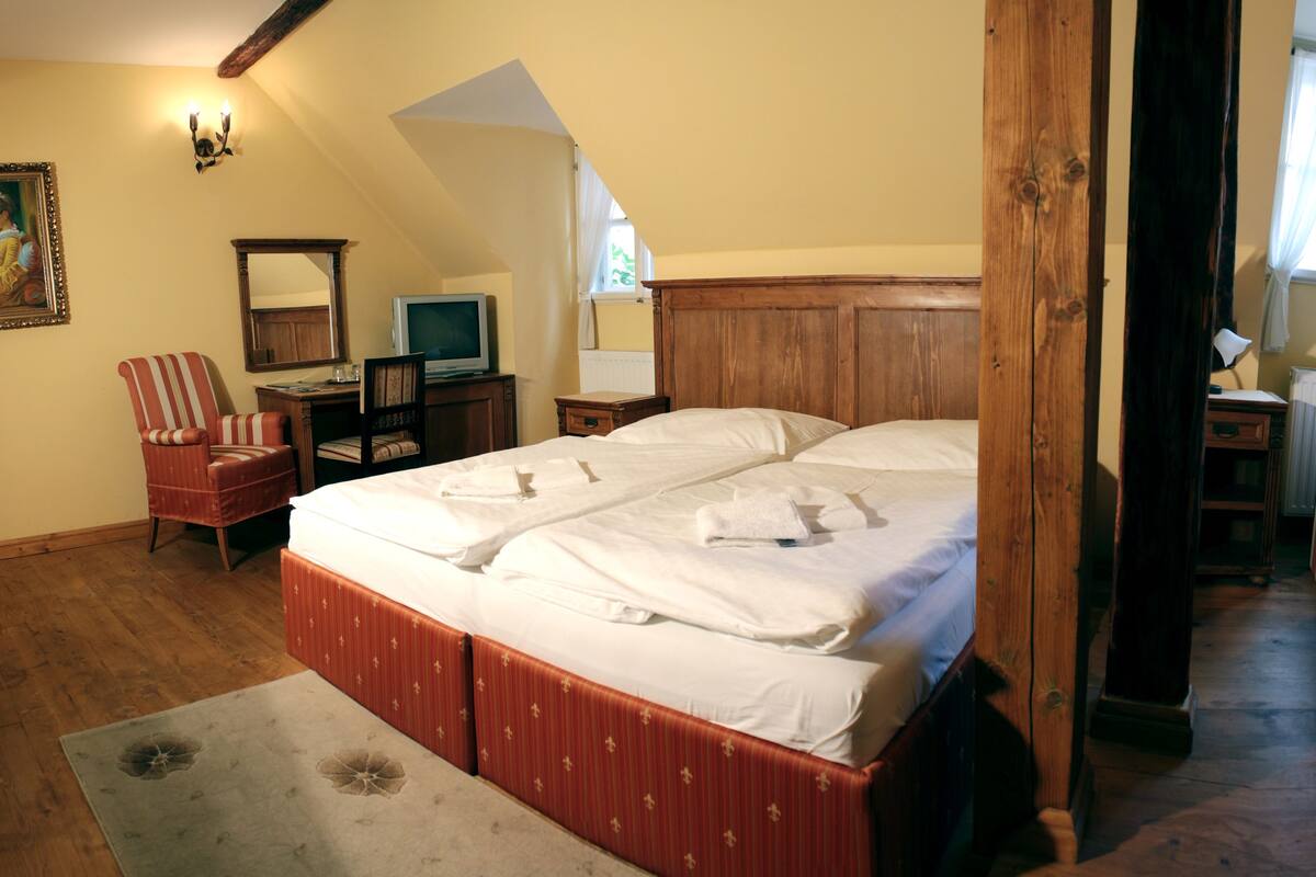 A hotel room with a large bed, a smaller bed, a desk, a chair, and a television.