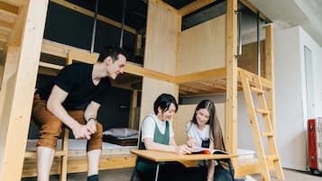 A room with a bunk bed, a desk, and a ladder.