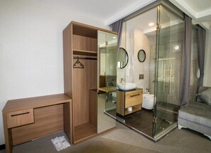 Shower, hydromassage showerhead, free toiletries, hair dryer