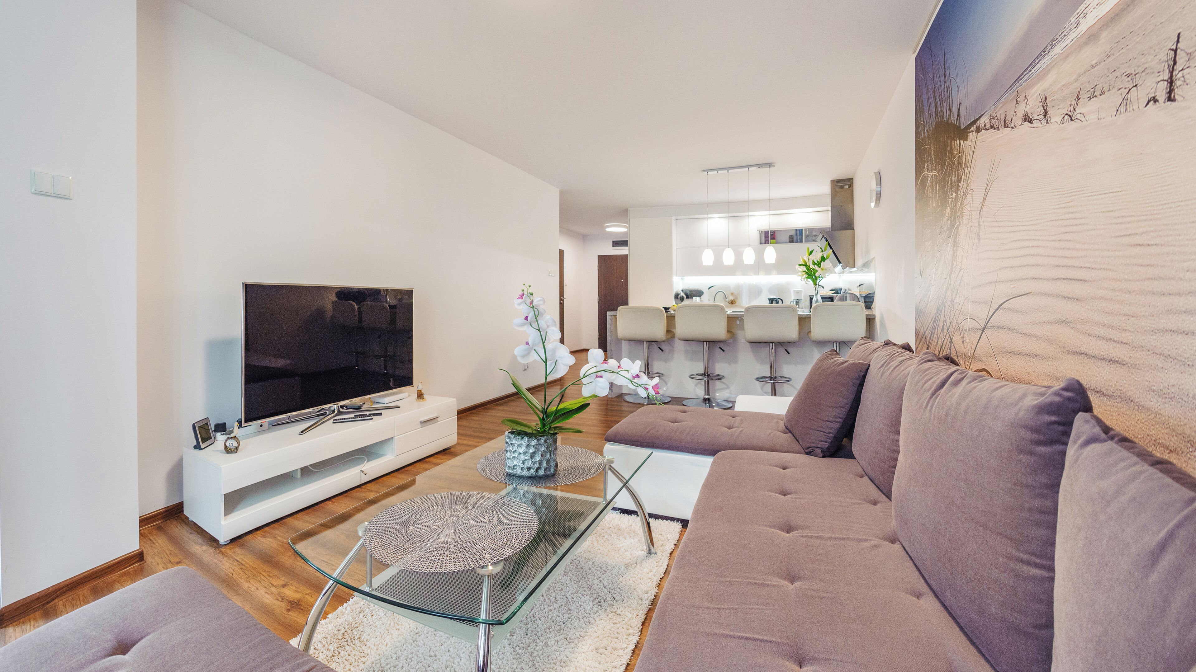 Un salon moderne avec un téléviseur à écran plat, une table basse en verre et un canapé.