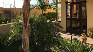 Una casa moderna de dos pisos con balcón, rodeada de exuberante follaje y una palmera.