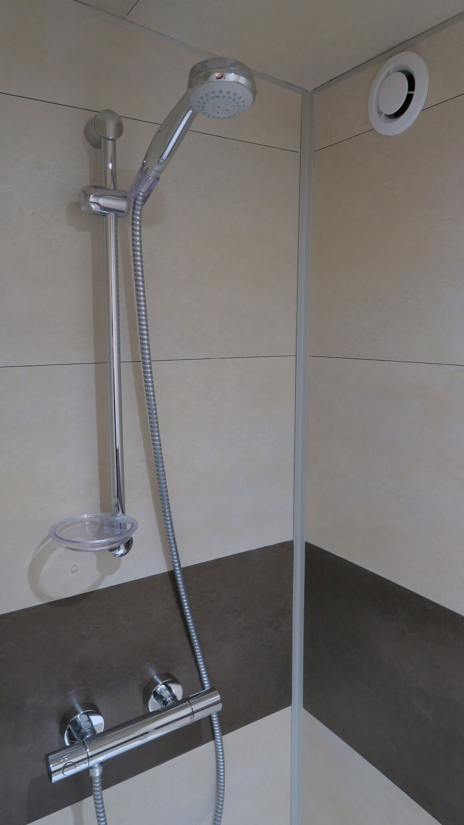 Une douche équipée d’un pommeau de douche à main, d’un robinet mural et d’une petite étagère.