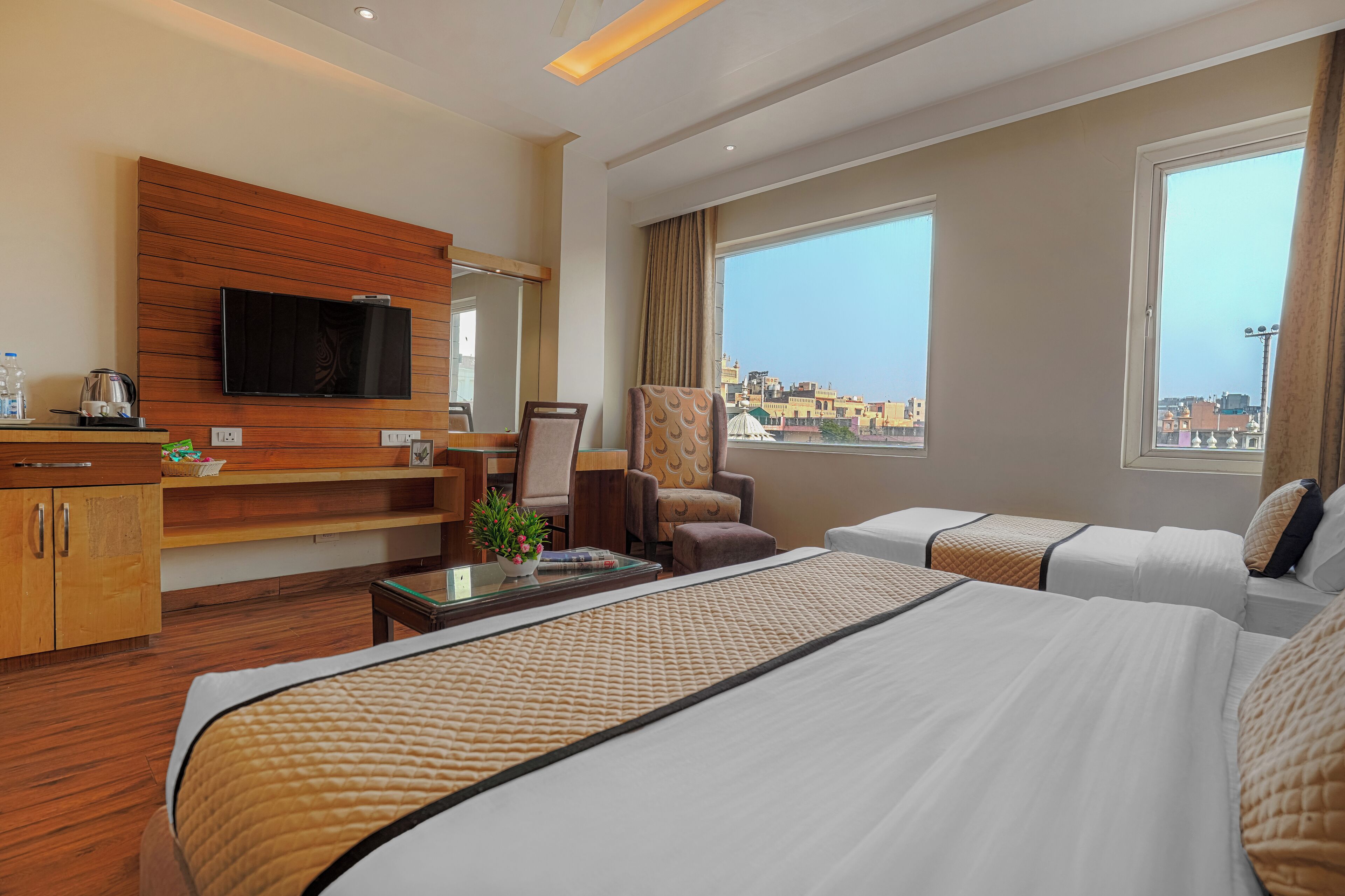 A hotel room with a large bed, a TV mounted on a wooden panel, a desk with a plant, and a view of the city through large windows.