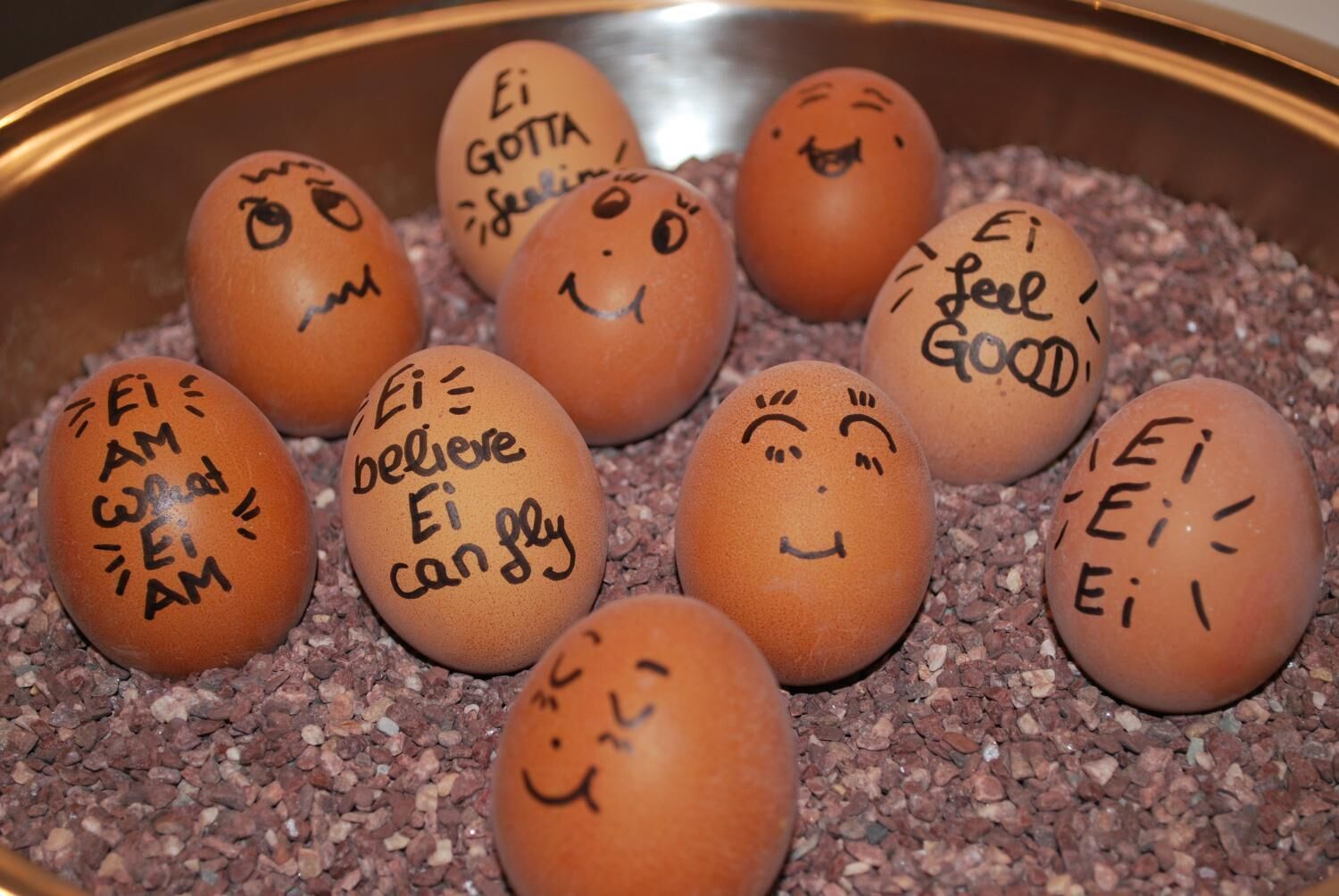 A bowl of eggs with faces drawn on them, each with a different expression and phrase.
