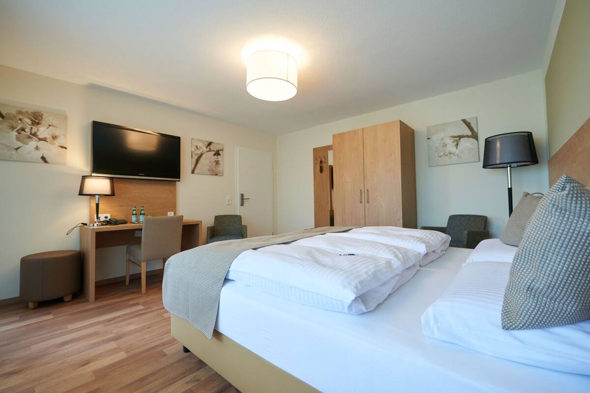 Une chambre d’hôtel comprenant un lit, un bureau avec une chaise, une télévision et une armoire.