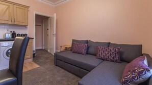Un espace de vie compact comprenant un canapé, un fauteuil, un lave-linge et une kitchenette.