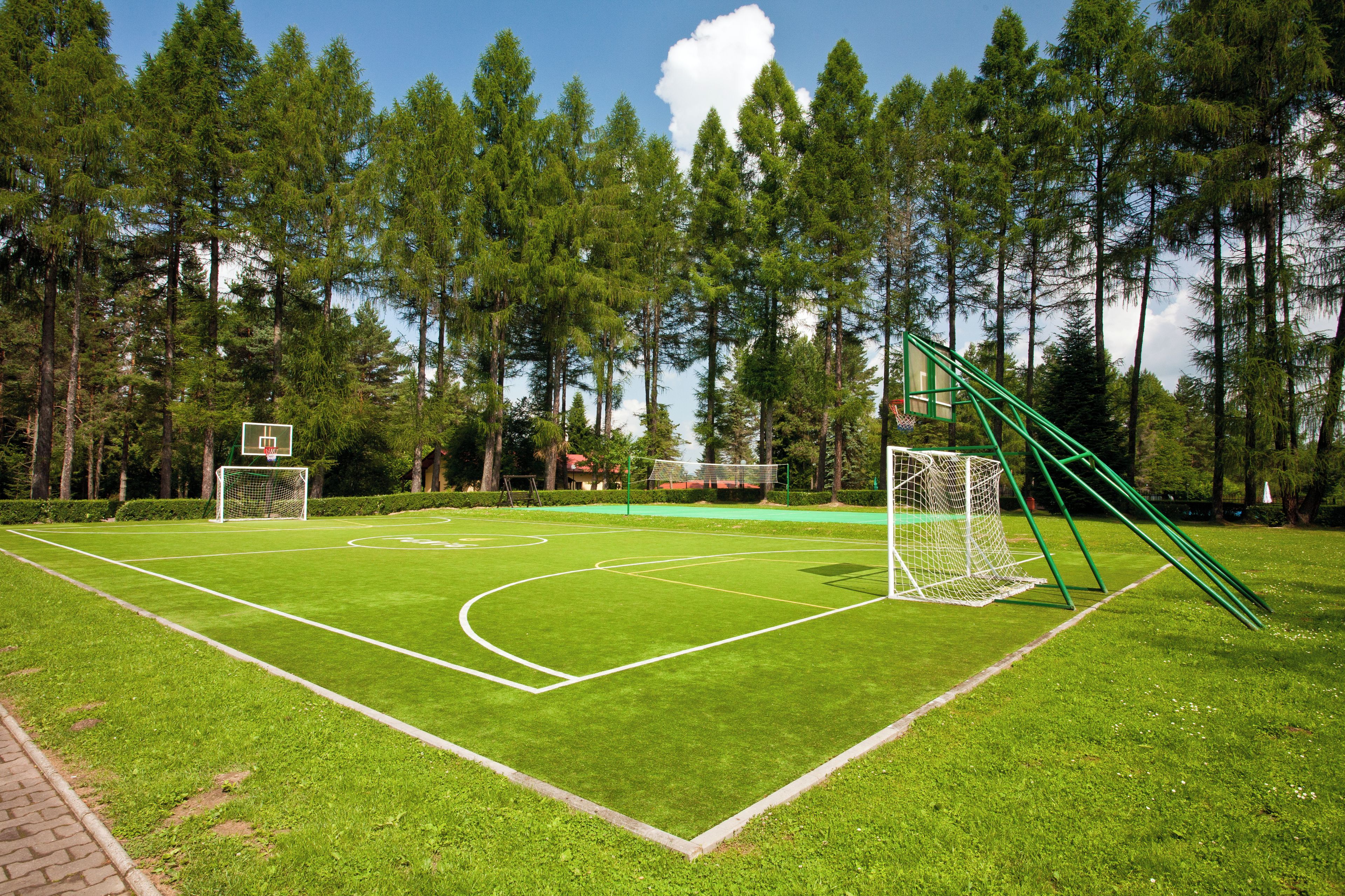 A sports field with goalposts and a net, surrounded by trees.