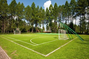 Un terrain de sport avec des poteaux de but et un filet, entouré d’arbres.