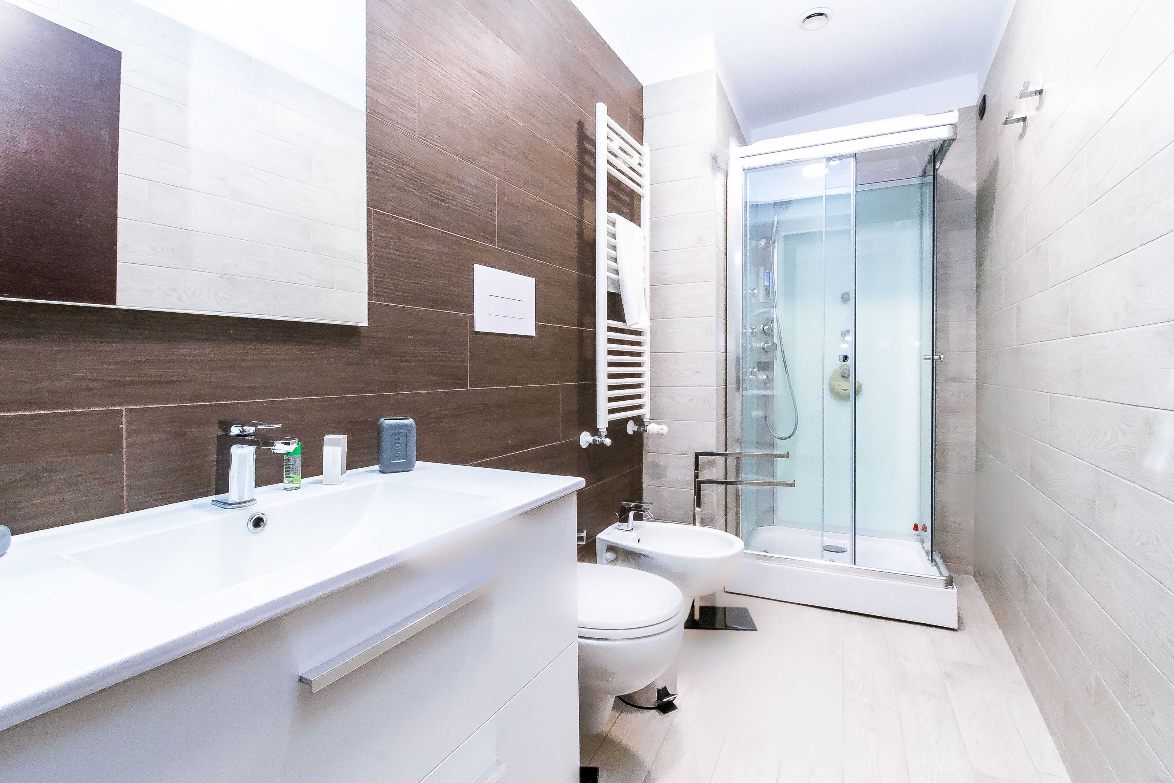 Shower, hydromassage showerhead, free toiletries, hair dryer