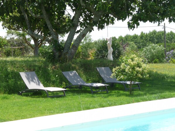 Outdoor pool, pool umbrellas, sun loungers