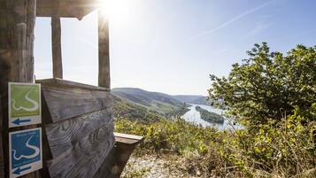En träkonstruktion med vägvisningsskyltar för vandringsleden Wisp Trail och leden Rhein-Wisper-Glock.