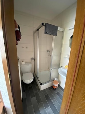 Un baño pequeño con inodoro, cabina de ducha y lavamanos.