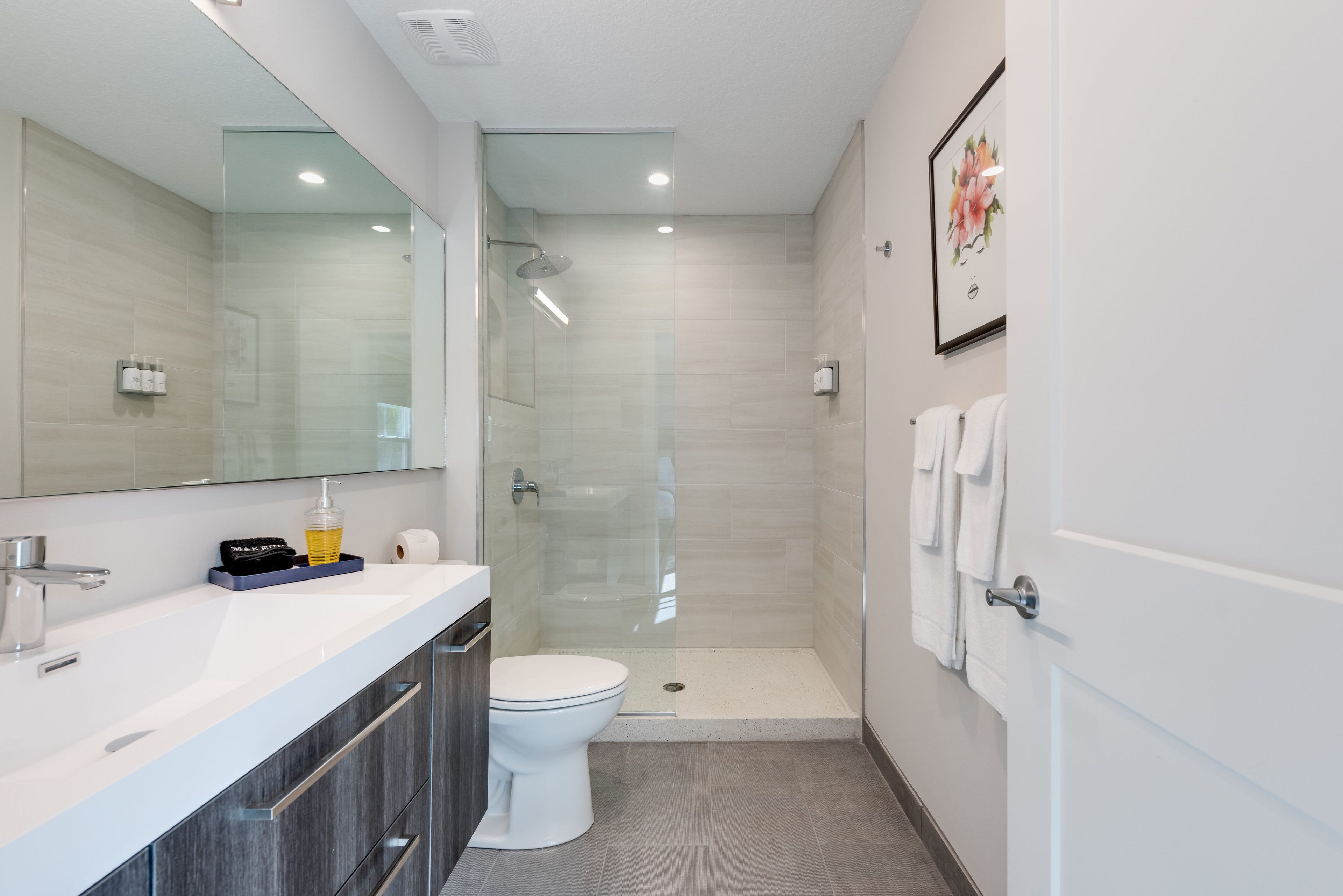 A modern bathroom with a glass-enclosed shower, a white toilet, and a vanity with a mirror.
