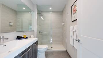 A modern bathroom with a glass-enclosed shower, a white toilet, and a vanity with a mirror.