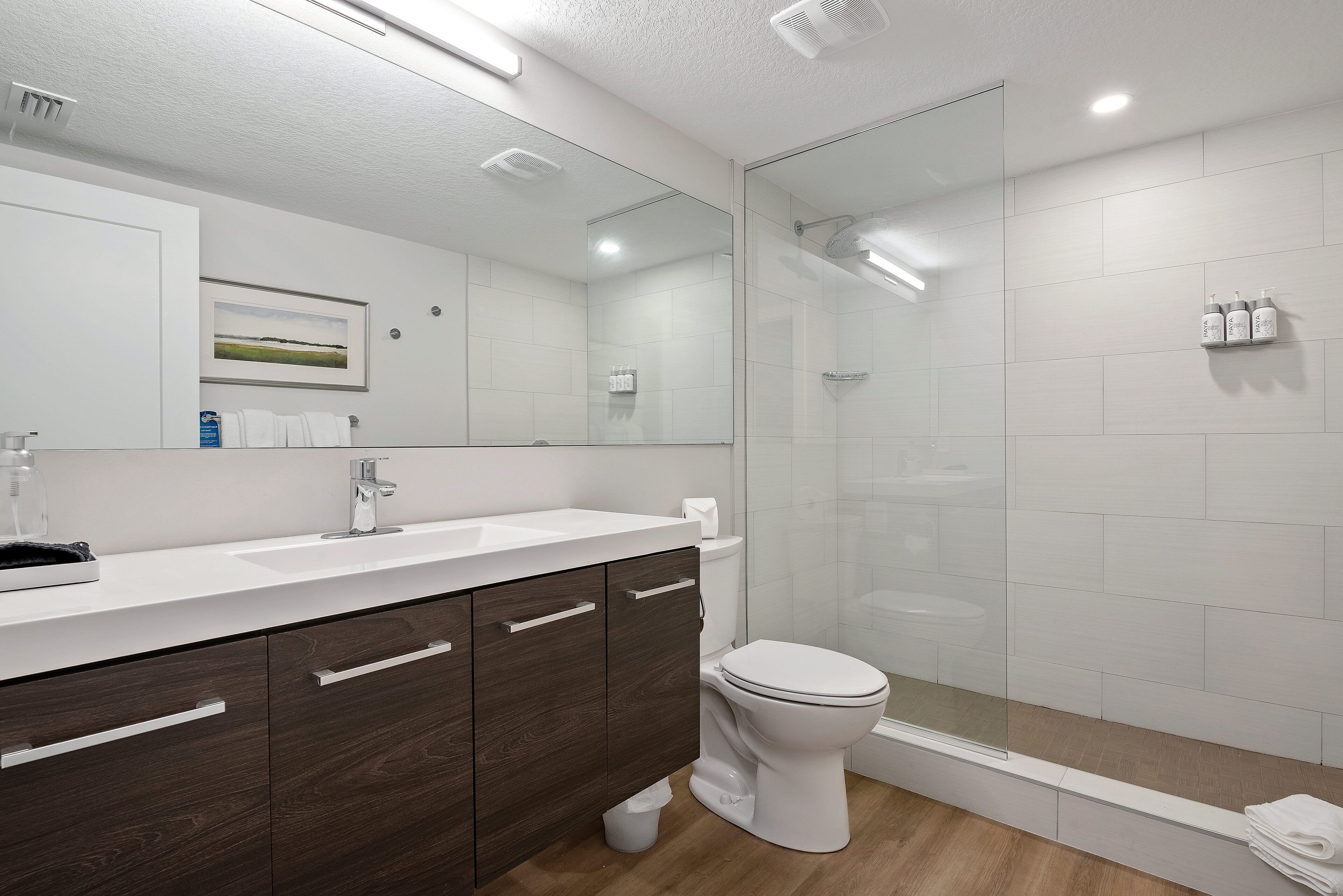 separate bathtub and shower, rainfall showerhead, free toiletries