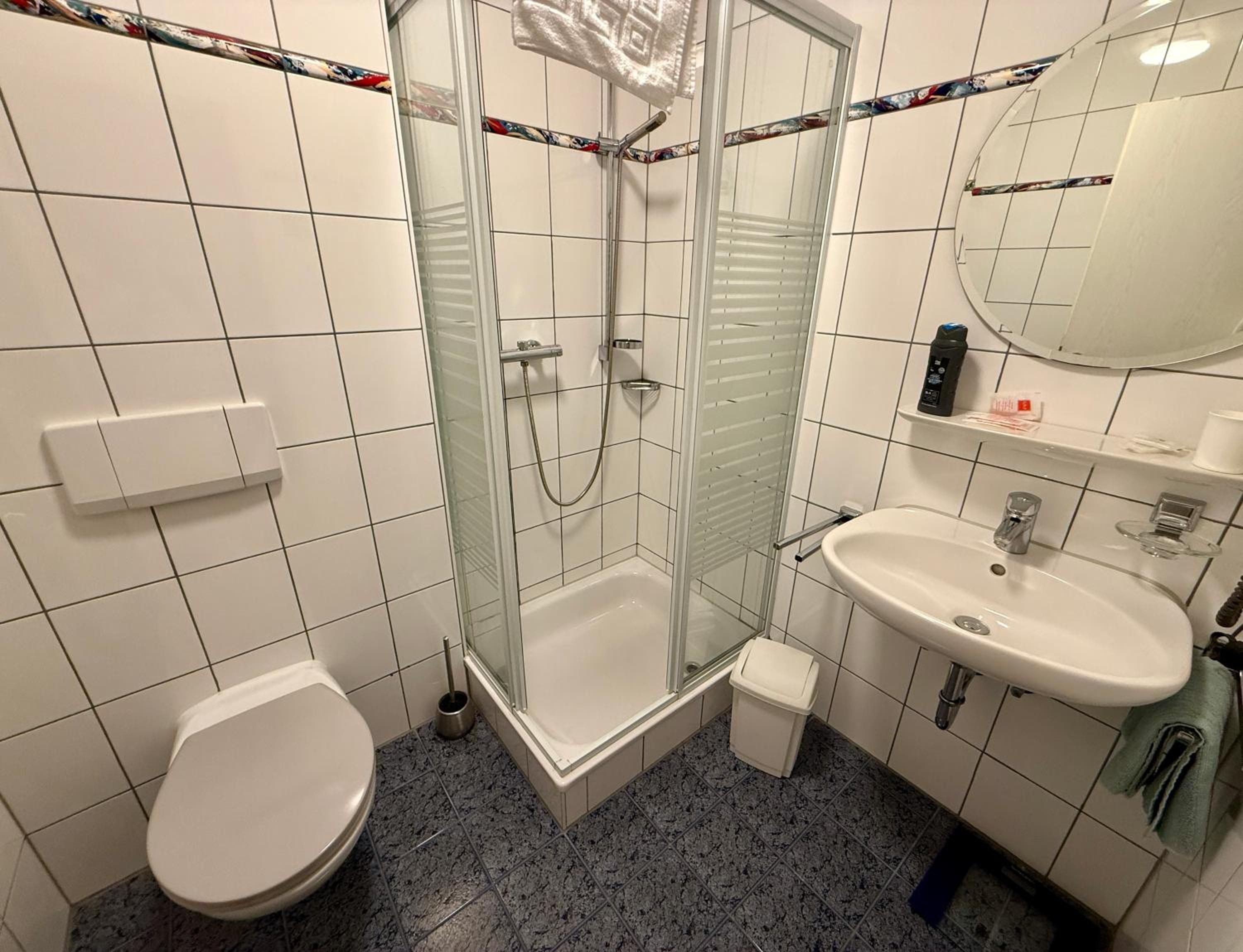 Een badkamer met een douchecabine, een wit toilet, een wastafel met spiegel en een betegelde vloer.