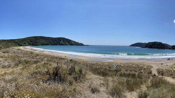 A beach with a clear sky, a sandy path leading to the water, and hills in the background. - Tokerau Beach Paradise (Tokerau Beach)