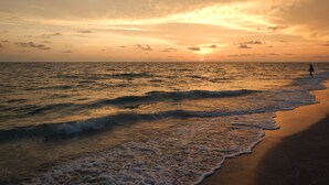 A beach at sunset with waves gently lapping the shore. - Beachfront - Romantic - Relaxing - Panoramic Views - Little Gasparilla Island  (Placida)