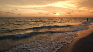 On the beach, sun-loungers, beach towels