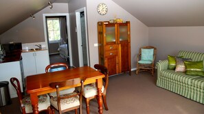 TV, DVD player, video library, stereo