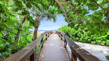 A wooden boardwalk leading to a beach, surrounded by lush greenery and palm trees.