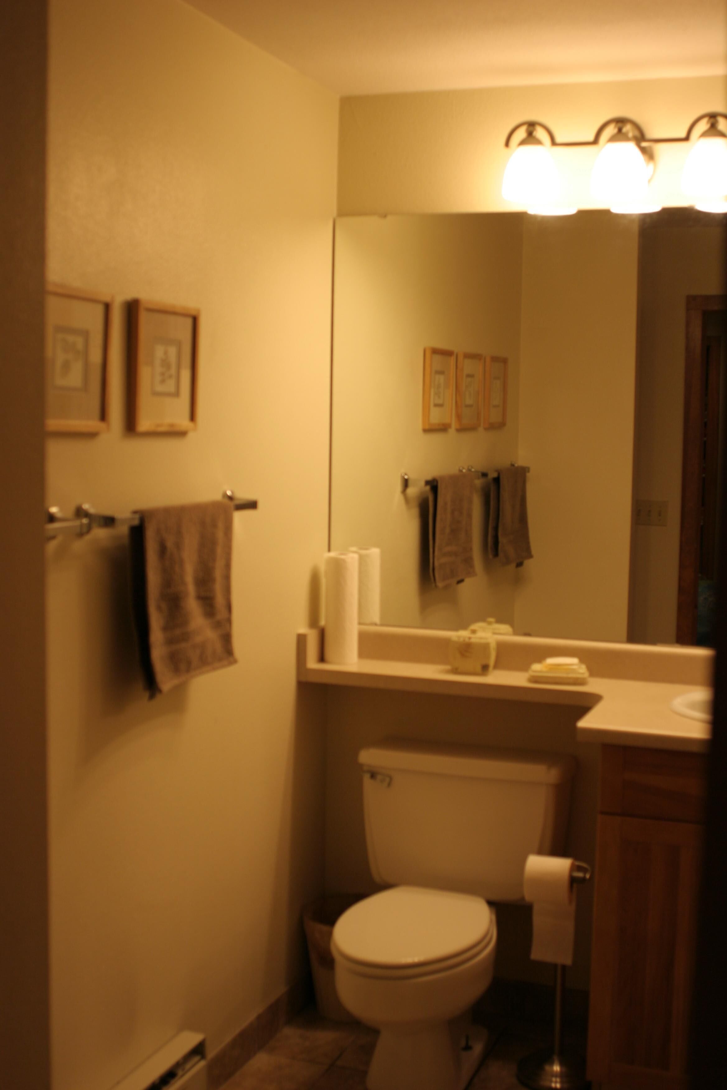 Une petite salle de bain avec des toilettes, un lavabo et un miroir. Des serviettes sont accrochées au mur et un tableau encadré est placé au-dessus du miroir.