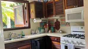 A kitchen with wooden cabinets, a dishwasher, a stove, and a microwave. - SPACIOUS PRIVATE PARADISE FOR NATURE LOVERS - An extraordinary vacation rental! (Kingshill PO)