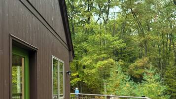 A wooden deck with a green door and windows, a bench, and a trash can.
