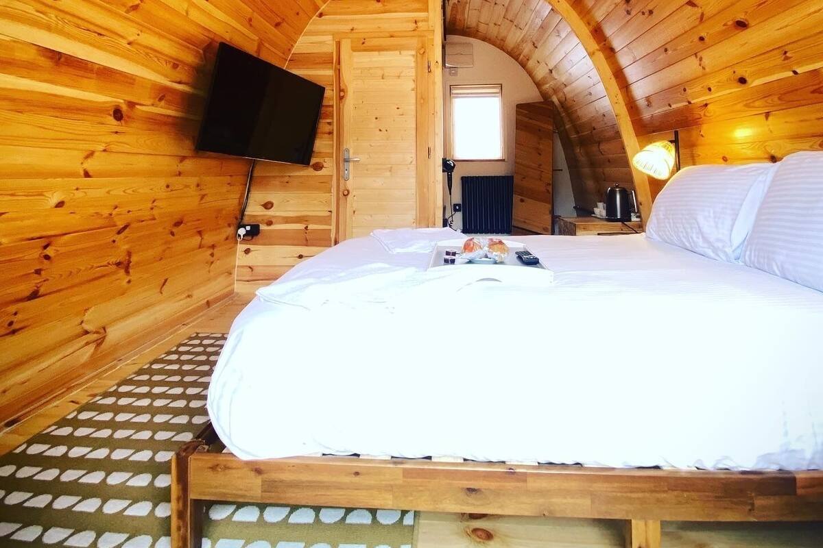 A cozy wooden cabin room with a bed, a television mounted on the wall, and a window providing natural light.