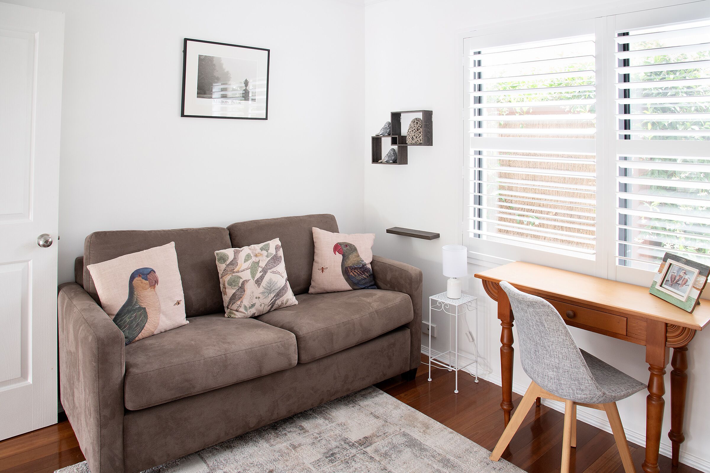 Smart TV, fireplace, books, offices