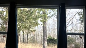 A window with a view of a forested area, curtains partially drawn, and a small sign on the window frame.