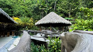 Ein tropisches Resort mit strohgedeckten Hütten, einer Holzbrücke und üppiger Vegetation.