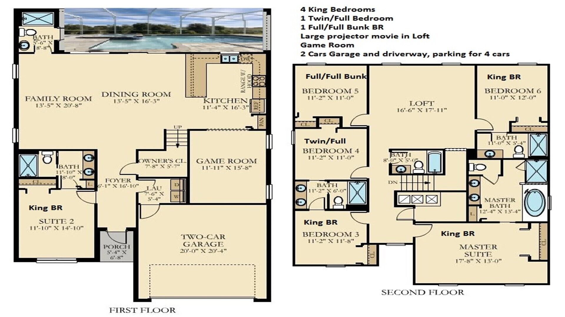Plan d’une maison à deux étages comprenant un salon familial, une salle à manger, une cuisine, une salle de jeux et un garage pour deux voitures.
