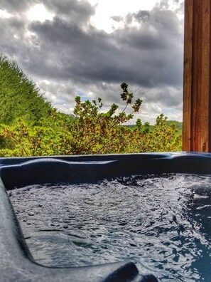 Un jacuzzi con vista a la exuberante vegetación y un cielo nublado.